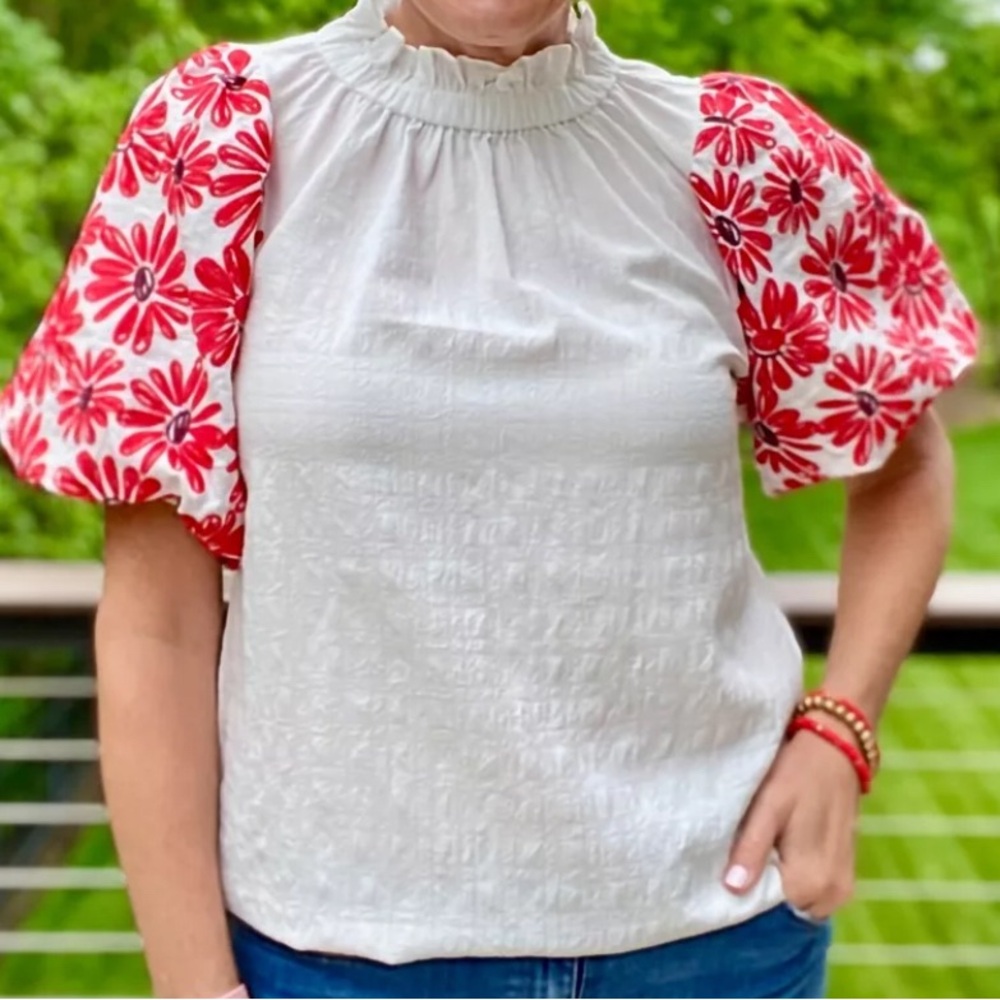 THML Ruffled Puff Sleeve Blouse White and Red